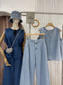 Denim Round Neck Pleated Back Tops with Trousers Sets